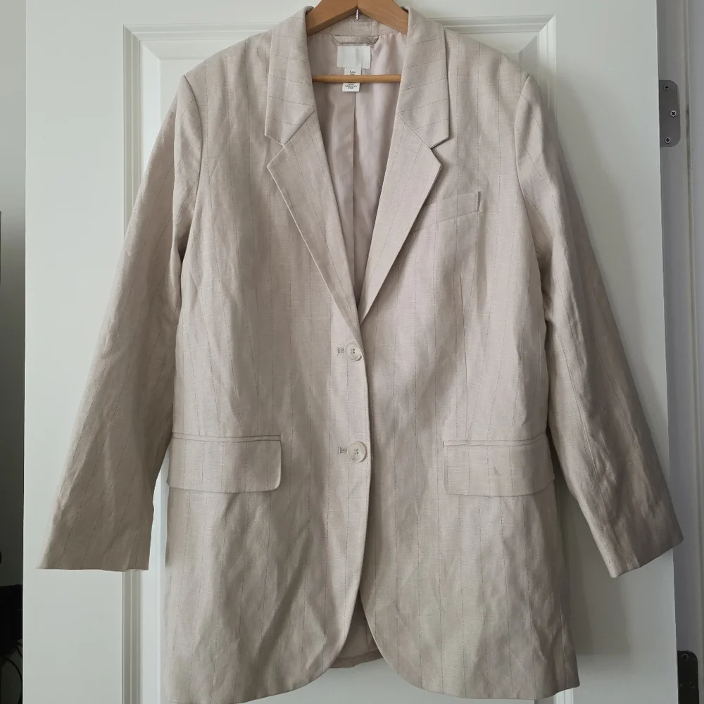 H&M Linen Blend Striped Blazer Womens M Preppy Minimalist Academia Tan Cream